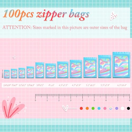 Funfery 100pcs Mylar Holographic Bags-Resealable Zipper&Clear Window (Blue, 4.3 x 7.5 Inch) - color: Blue, size: 4.3 x 7.5 Inch