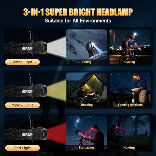 ATDOALL Rechargeable LED Headlamp, Lightweight Head Lamps for Adult Camping | Super Bright Headlight with White Warm Red Light, Motion Sensor, 5 Modes, 90° Adjustable, Waterproof for Hiking, Running - size: 1 Pack