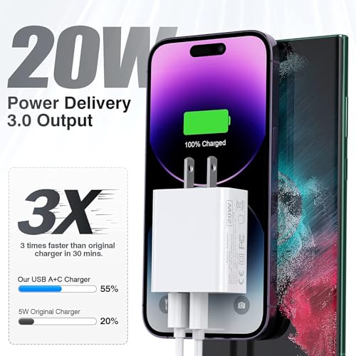 USB C Charger Block, 3Pack 20W Dual Port USB C Wall Charger Plug | Fast Charging Adapter USB A Quick Charging Brick Plug for iPhone Air/17 ProMax/16E/16 ProMax/16Plus/15/14/13,iPad Pro,AirPods - color: White