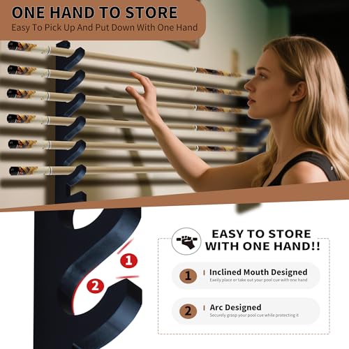 Black Wall-Mounted Pool Cue Holder, Wooden Billiards Pool Stick Rack, Holds 6 Cues and 2 Pool Ball Racks, Pool Table Accessories Organizer for Billiard Rooms or Clubs
