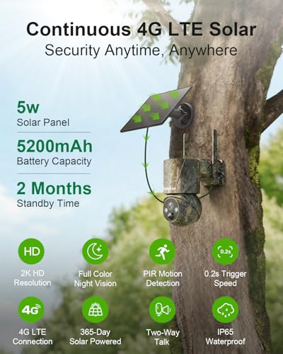 4G LTE Cellular Trail Camera with SIM, Solar, 2K 360° PTZ, No WiFi | Live View, Color Night Vision, Motion Detection, Camouflage, Hunting, Wildlife, Remote App View, Solar Powered, Waterproof