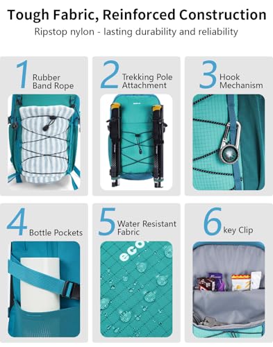 ECOHUB Small Hiking Backpack for Men Women, 20L Lightweight Travel Backpacks Water Resistant Camping Cycling Hiking Daypack - color: Pacific Teal