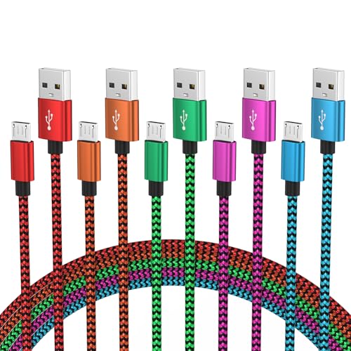 Micro USB Cable 5-Pack, 3ft Braided Android Charging and Data Cord Bulk | Charger Cords, Multi Color - size: 3 Feet