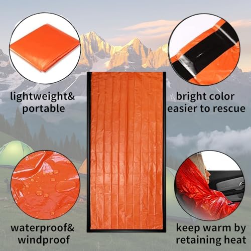 Waterproof Emergency Sleeping Bag with Whistle, 2 Pack Mylar Thermal Bivy Sack for Survival, Camping, Hiking with Emergency Blankets, Survival Kit Supplies - color: 2 PACK
