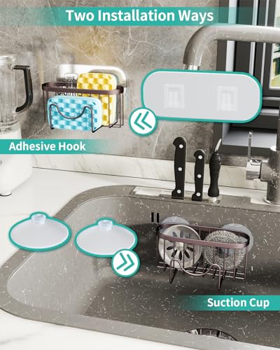 HapiRm Multifunctional Sponge Holder for Kitchen Sink with Unique M-Shaped, 2 Installation Methods Sink Caddy, Stainless Steel Kitchen Organizer for Sponge, Brush, Sink Stopper and Scraper -Bronze - color: Bronze, size: with M-shaped Holder