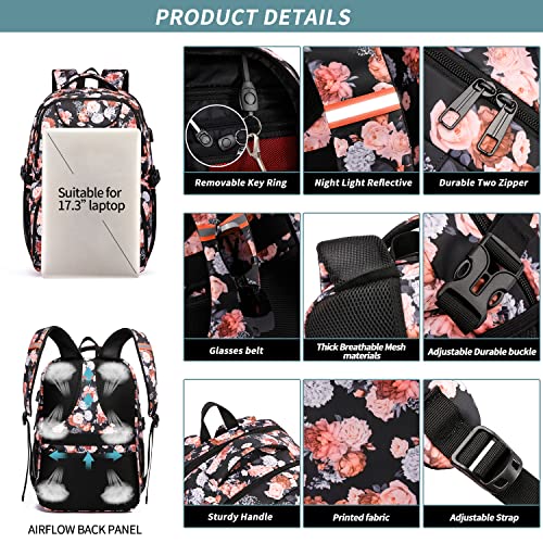 Lunch Backpack for Women, Insulated Cooler Lunch Box, Extra Large Work Backpack with USB Charging Port, Water Resistant 17 inch Travel Laptop Backpack - color: Black Pink