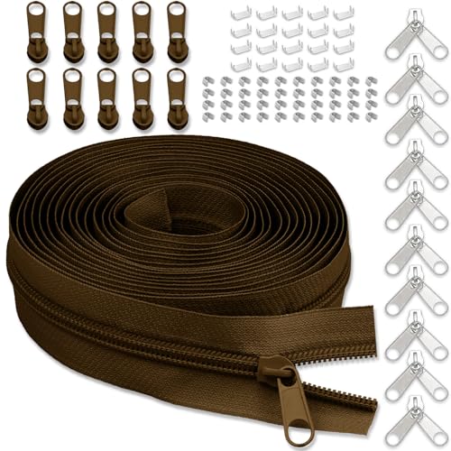 #5 Nylon Zipper Tape for Sewing: YZSFIRM 10 Yards Brown by The Yard Nylon Coil Zippers for DIY Sewing Craft with 10 Bulk Metal Zipper Slider and 10 Double Slider - color: 290 Brown, size: #5 Zipper