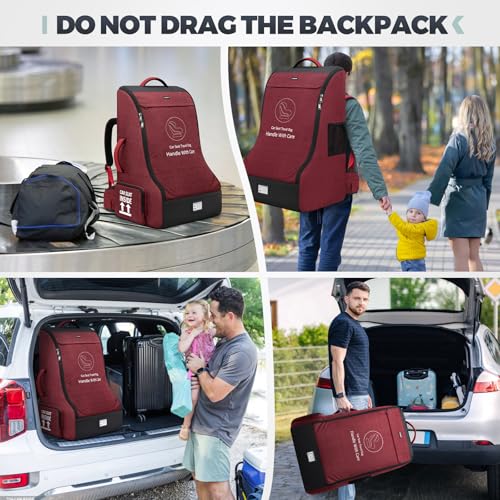 RAINSMORE Padded Car Seat Travel Bag for Airplane Car Seat Backpack, Red - color: Red&Black