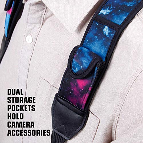 USA Gear DSLR Camera Strap Chest Harness with Quick Release Buckles, Galaxy Neoprene Pattern and Accessory Pockets - Compatible with Canon, Nikon, Sony and More Point and Shoot and Mirrorless Cameras - color: Galaxy