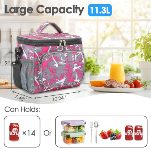 FlowFly Insulated Reusable Lunch Bag Adult Large Lunch Box for Women and Men with Adjustable Shoulder Strap,Front Zipper Pocket and Dual Large Mesh Side Pockets,Graffiti - color: Graffiti