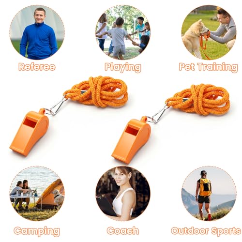2 Packs Plastic Orange Whistle, Referee Whistles with Lanyard Super Loud Emergency Whistle for Boating, Swimming, Kayaking, Hiking, Camping