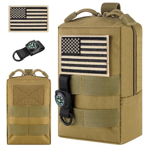bvya Tactical Molle Pouch Multi-Purpose Compact Waist Pack Water-Resistant Small Utility EDC Pouch with Flag Patch for Molle Backpack, Mini Compass Included - color: Khaki(1 Pack)