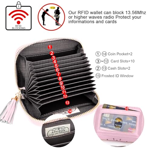 APHISON RFID Credit Card Holder Zipper Card Case Keychain Small Wallet for Women 1ZIP-LIGHT-PINK - color: A-LIGHT-PINK（single zip）