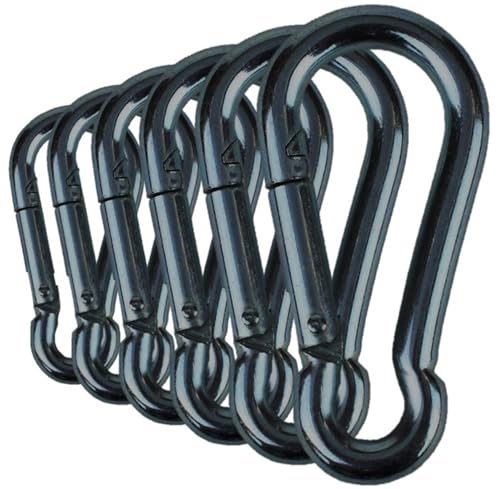 Black & Silver Zinc-Galvanized Heavy Duty Bushcraft Carabiner Spring Snap Clip Link Hooks 200-500lb Load 2, 6 & 12 Packs - color: 8cm (3.15in) Black 6 Pack