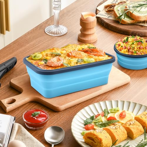 8 Pack Collapsible Food Storage Containers with Lid & Air Vent, 4 Rectangular and 4 Round Foldable Collapsible Storage Containers Sets, Lunch Bowls for Travel, Microwave Freezer Dishwasher Safe - color: Blue (4 Round Mixed oz + 4 Rectangle Mixed oz)