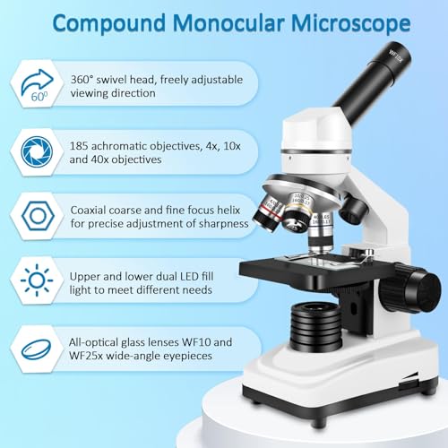 Herwicm Microscope,40X-2000X Microscope with Phone Adapter & Slides Set,Suitable for Students School Lab and Home Education (Monocular Microscope) - color: Black and white