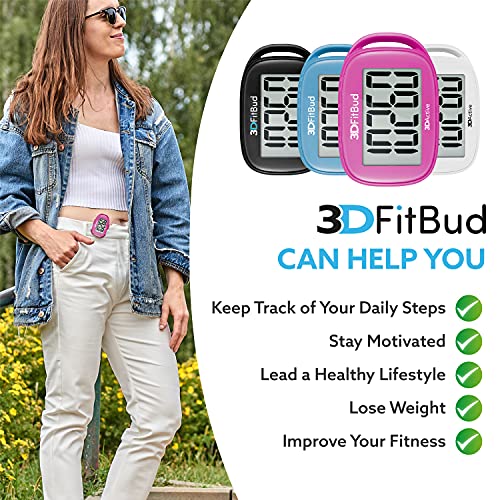 3DFitBud Simple Step Counter Walking 3D Pedometer by 3DActive with Clip, Lanyard Accurate Step Tracker Large Display, Easy to Use for Kids Men Women Adult Seniors Daily Step Tracking - A420S - color: Pink