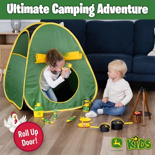 John Deere Pop-Up Camping Tent, 18 Piece Set Includes Canteen, Plates, Utensils, Play Food, Pots, Binoculars, Lantern, and Flashlight, Indoor and Outdoor Play