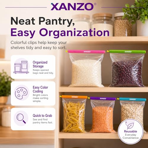 Xanzo Chip Clips - 12 Durable, Heavy Duty Chip Bag Clips for Food, Airtight Chip Bag Closers, Eco-Friendly, Color Coded Food Organization Tools