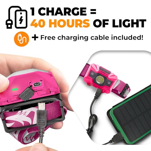 Foxelli USB‑C Rechargeable LED Headlamp – Ultra‑Light 2.4 oz & Bright 180 Lumens – Red/White Light, 5 Modes, IPX5 Waterproof, 40 h Runtime for Trail Running, Camping, Hiking - color: Neon Pink