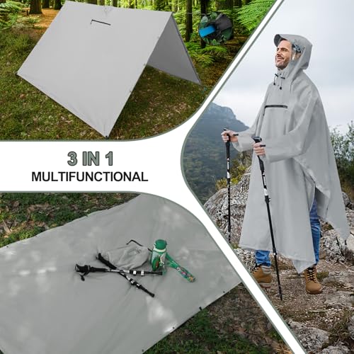 Andake Waterproof Rain Poncho for Adults Unisex,230T Ripstop Polyester,Raincoat Gear with Transparent Viewing Window Outdoors - color: Grey