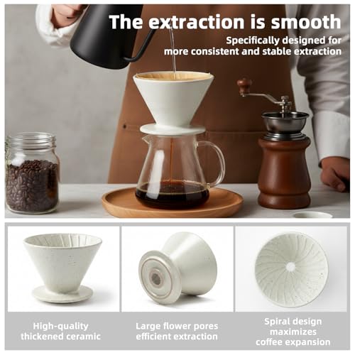 DIF DECO Ceramic Pour Over Coffee Dripper, Reusable Porcelain Portable Pour Over Coffee Maker, Slow Brewing Accessories with 1 Holes for Home, Office, Travel, Camping (Sesame Cream) - color: Sesame Cream
