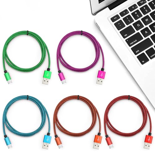 Micro USB Cable 5-Pack, 3ft Braided Android Charging and Data Cord Bulk | Charger Cords, Multi Color - size: 3 Feet