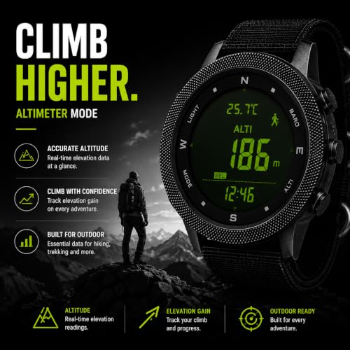 NORTH EDGE Apache 46 Men’s Outdoor Digital Watch Bundle with Extra 22mm Black Silicone Band, Altimeter Barometer Compass, Pedometer, Weather Trend, EL Backlight, 50M Water Resistant Hiking Watch
