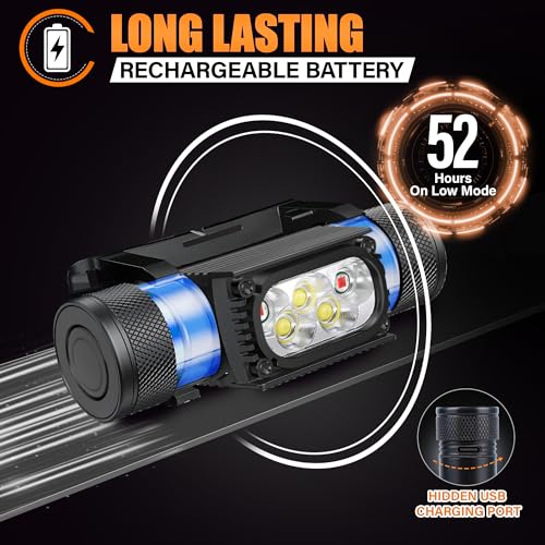 Headlamp Rechargeable with Red Light, Head Lamps Led Rechargeable Super Bright for Adults, Hardhat Head Lights for Forehead Battery Powered, Headband Headlights Flashlight for Running Camping Hiking - size: 10 modes