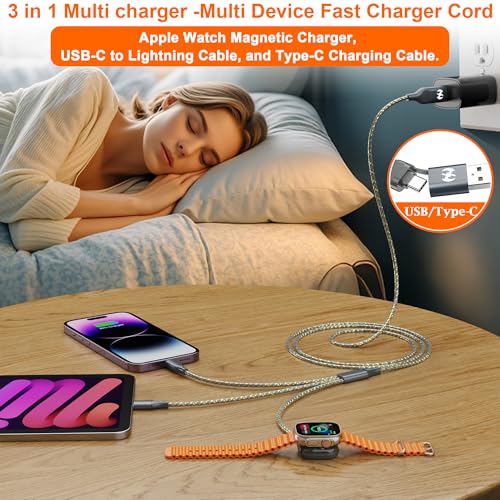 3 in 1 Multi Charging Cable for Apple Watch Charger Fast Charging Cable 6FT | Travel Charging Cords for Multiple Devices with iwatch USB-C Lightining Braided for iWatch Ultra/SE/11-2 iPhone17-5 Kindle - color: GreyGold-6ft
