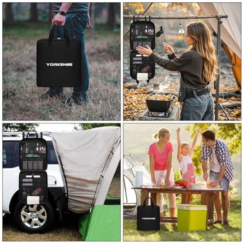Large Camp Kitchen Organizer, High Capacity Camping Cooking Utensils Bag, with Paper Towel Holder, Multi-pocket Waterproof Camping Utensils Holder for BBQ Outdoor Cooking Essentials