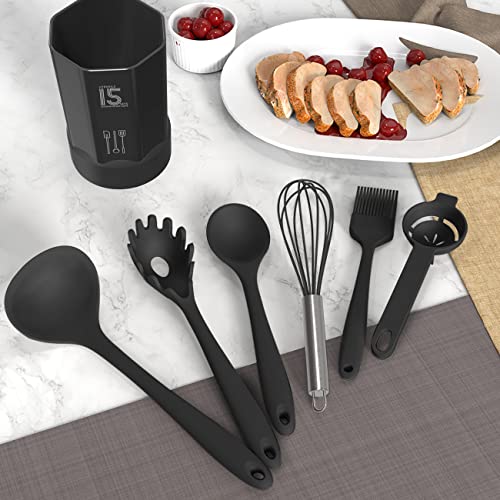 AOTHOD Silicone Cooking Utensils Set - 446°F Heat Resistant Kitchen Utensils,Turner Tongs,Spatula,Spoon,Brush,Whisk,Kitchen Utensil Gadgets Tools Set for Nonstick Cookware,Dishwasher Safe (BPA Free) - color: Black