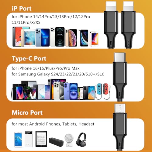 Multi Charging Cable, 2Pack 4FT 4 in 1 Charging Cable for Multiple Devices | Braided Universal Phone Charger Cord with Type-C, Micro USB, IP Port for iPhone16/15/14/Android Phones and More - color: Black