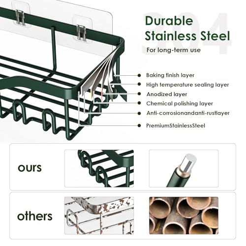 NESOMI Shower Caddy Adhesive Shower Organizer 7-Pack, Rustproof Stainless Steel Bathroom Shelves, Large Capacity No-Drill Rack Storage Accessories with Soap Dish Toothbrush Holder Hooks - color: Blackish Green, size: 7-Piece Set