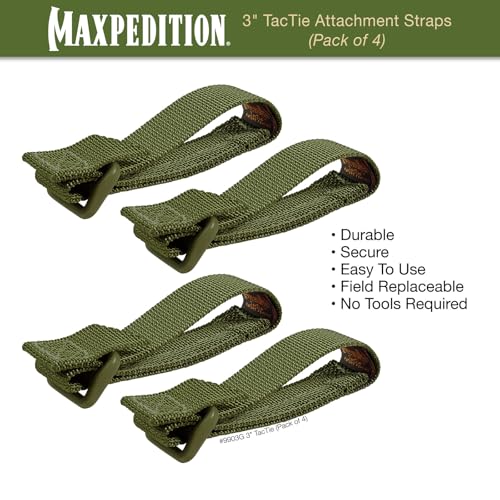 MAXPEDITION 3-Inch TacTie Attachment Straps (Pack of 4) MOLLE Clips for EDC Pouches and Pocket Organizers, Replacement MOLLE Straps for Tactical Gear - color: Green