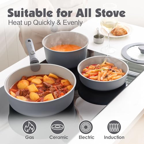 SENSARTE 24 Piece Ceramic Detachable Handle Pots and Pans Set Gray | Ceramic Cookware Set, Induction Cookware Set with Removable Handle, Healthy Non Stick for RV, Dishwasher ＆ Oven Safe - color: Gray, size: 24 Piece