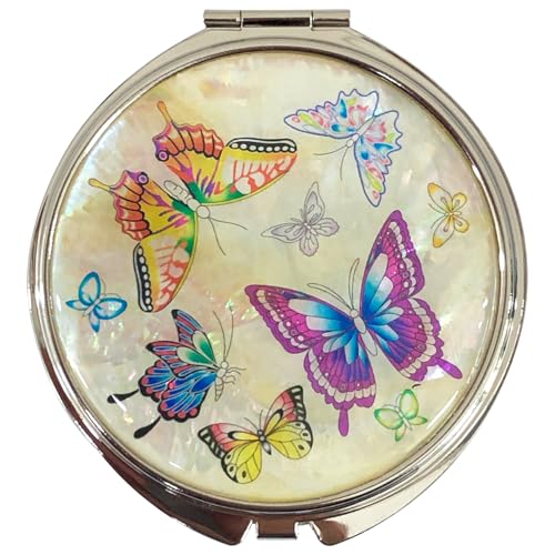 Portable Makeup Compact Double Magnifying Mirror Cosmestic Foldable Pocket Style Unique Mother of Pearl Design (Butterfly) - color: Butterfly