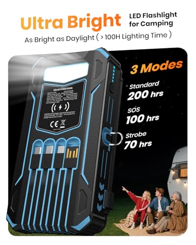 SOARAISE Solar Power Bank 48000mAh Wireless Battery Pack with 4 Cables | Solar Charger with 4 Solar Panels, Built in 4 Cables, PD QC 3.0 Fast Charging, Flashlight for Camping Travel, Rugged Design - color: Blue