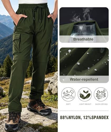 Kids Hiking Convertible Zip Off Pants Quick Dry Outdoor Nylon Pants Waterproof Stretchy with Zip Pockets 4-16Y - color: Green, size: X-Small