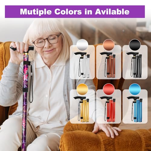 MFE Folding Cane, Portable 5-Level Adjustable Height Walking Stick with Foldable Design, Wrist Strap, and T Handle for Men and Women - color: Purple Floral