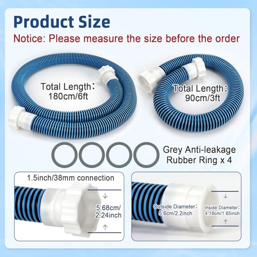 2 Pack 1 1/2 Pool Hose for Above Ground Pools 6ft&3ft Long Pool Pump Replacement Filter Hoses 1.5" EVA Swimming Pool Filter Hose for Filters Pumps, Saltwater Systems and Sand Filters (Blue) - color: Blue