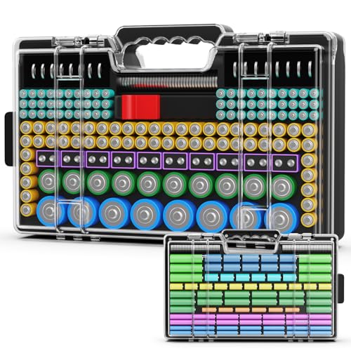 Narotood Battery Organizer Storage Holder Box Case with Tester, Ultra-Large 280+ Batteries Double-Sided Variety Pack,Holds AA AAA 4A C D Cell 9V 3V Lithium18650 LR44 CR2 CR123 CR1632 - Black - color: Black