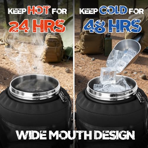 NATURE PIONEOR 128oz/1 Gallon Tactical Water Bottle with MOLLE Bottle Pouch | 18/8 Food-grade Stainless Steel, Double Vacuum Insulation, Wide-Mouth, Straw & Spout Lid, Strap, Camping, Hiking, Gym, Work - color: Black, size: 128 Ounces