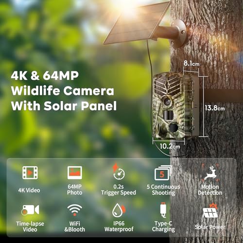 Solareye Trail Camera WiFi - Solar Powered 4K 64MP Game Cameras with Night Vision Motion Activated Waterproof, IP66 120° Detection Angle 0.2s Trigger 940nm No Glow LED Wildlife - color: Olive Green