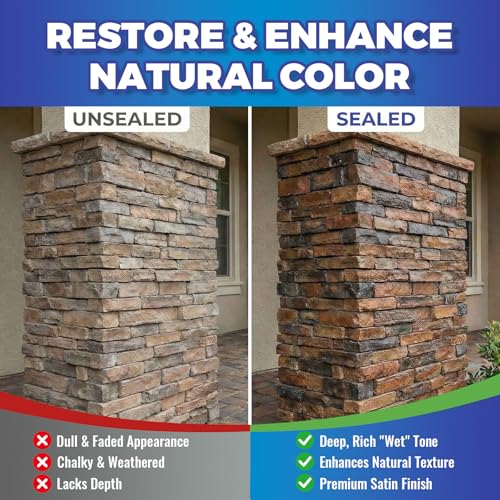 Wet Look Stone Sealer - Long-Lasting Color Enhancement for Pavers, Concrete, Slate & Driveways - Satin Finish, Non-Yellowing, Waterproof, UV Protection, Indoor & Outdoor - 1 Gallon - size: 1 Gallon Satin Finish
