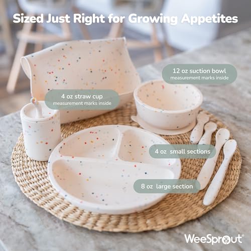 WeeSprout Baby Led Weaning Bundle, Silicone Suction Bowl, Spoons, Bib & Cup, Develops Self Feeding Skills, Dishwasher Safe (Confetti) - color: Confetti