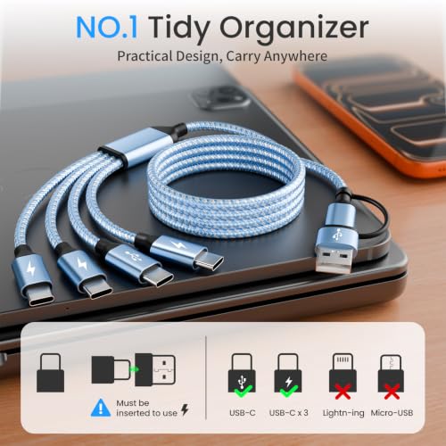 USB C Splitter Multi Charging Cable,4 in 2 USB A/C to USBC Charging Cord | 5FT 4 in 2 Multi Charger Cord with 4 Type-C Connectors Compatible with iP16/15/Cell Phones Tablets, Ideal for Travel, Cruises - color: Blue, size: 1Pack5FT