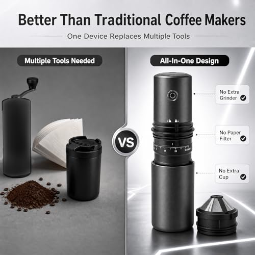 Portable Electric Grind&Brew Pour Over Coffee Maker,All-in-One:Double-Wall SS Tumbler,Stainless Drip Kettle,Permanent Stainless Filter Dripper&Built-in Grinder for Travel,Camping,Office