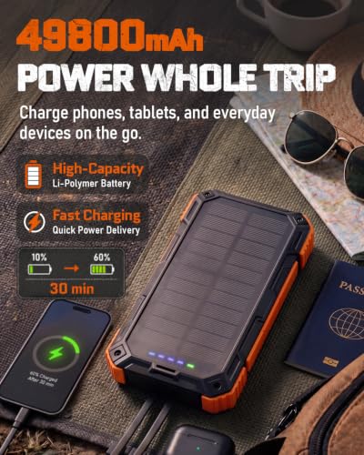 Solar Charger Power Bank - 49800mAh Solar Phone Charger with USB-C in/Output, QC 3.0 Fast Charging with LED Flashlight, Built-in 4 Cables, IP65 Waterproof Fits for Outdoor (Bright Orange)