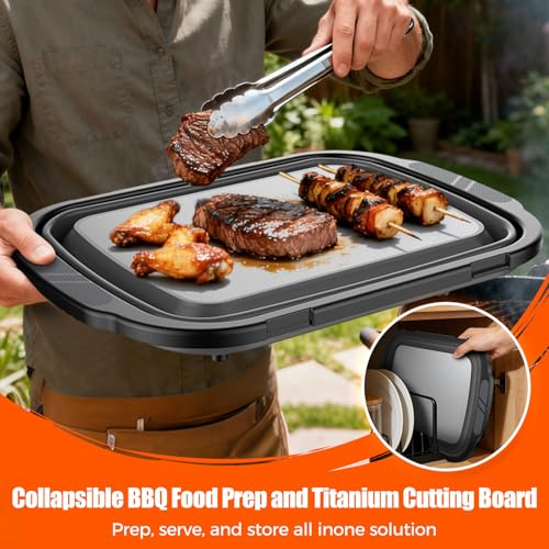 Collapsible BBQ Prep Tubs with Titanium Cutting Board, Large-Capacity（5.3Gal/20L）Barbecue Utensils, with Locking Lid, Strong Sealing and Leak-Proof Design. Suitable for Kitchen and Outdoor.